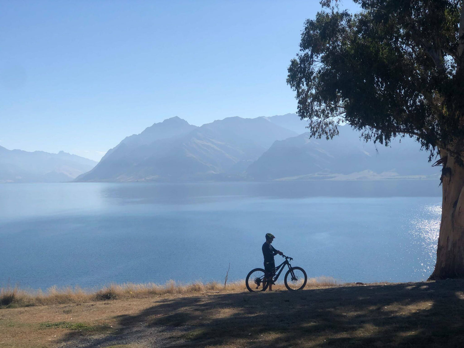 Cyclist with e-bike standing by Lake Wanaka